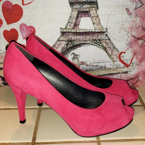 STUART WEITZMAN $398 HOT PINK MAGENTA SUEDE HIDDEN PLATFORM PUMPS 8.5 - Picture 11 of 14
